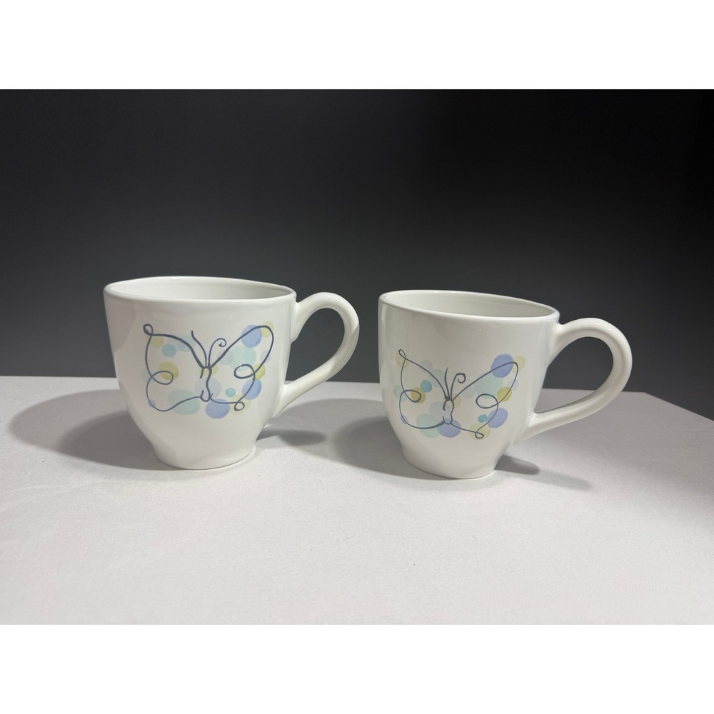 Pottery Barn Butterfly Coffee Mugs Set of 2 White Ceramic Pastel Polka Dot